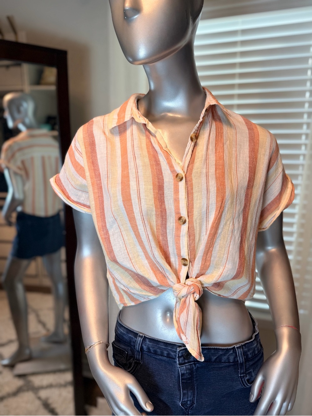 Thread & Supply Large Striped Linen Cotton Tie Front Button Up Shirt Coastal